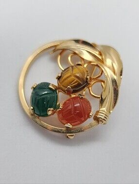 Vintage Burt Cassell 12K Gold Filled 3-Stone Scarab Brooch Pin, Egyptian Revival